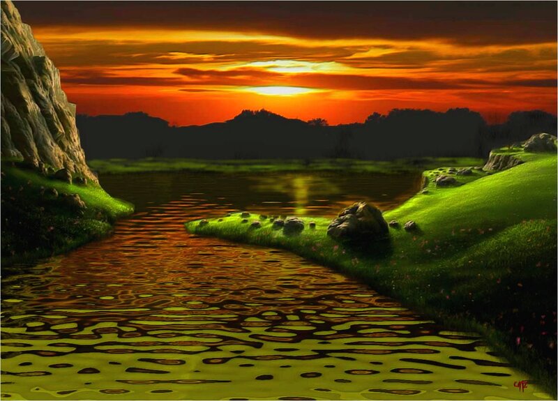 River at Sunset — Orange, Dramatic, Digital Art, Mountain