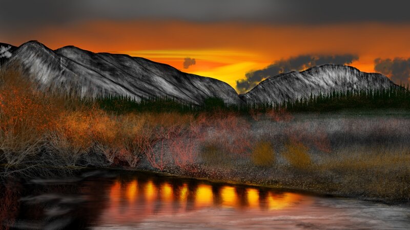 River at Sunset — Orange, Dramatic, Digital Art, Mountains
