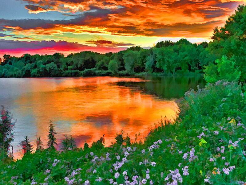 River at Sunset — Orange, Dramatic, Digital Art