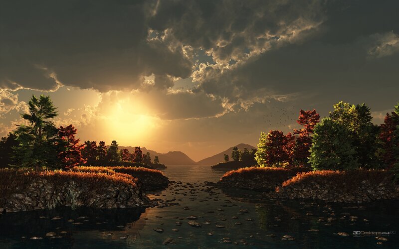 River at Sunset — Orange, Dramatic, Digital Art, Trees, Mountains