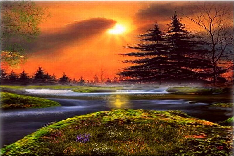 River at Sunset — Orange, Dramatic, Digital Art, Trees, Sky, Grass