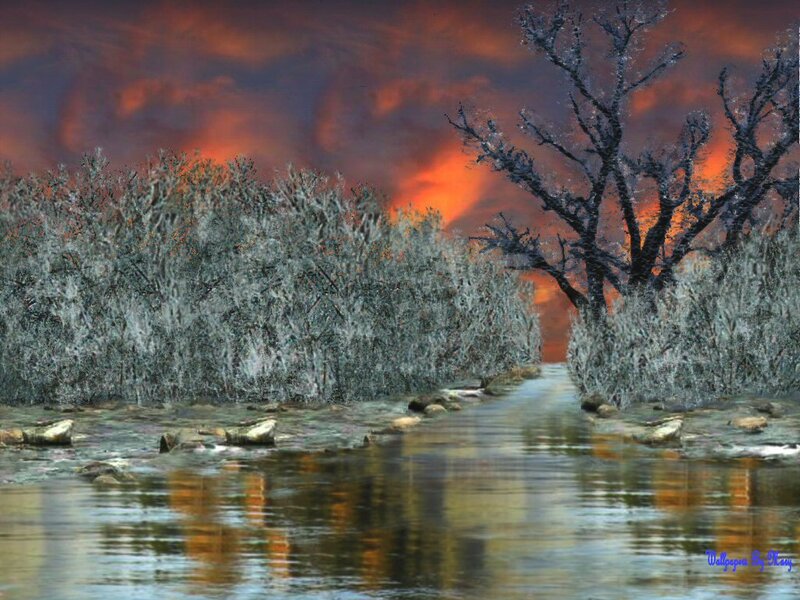 River at Sunset — Orange, Dramatic, Digital Art, Trees, Sky