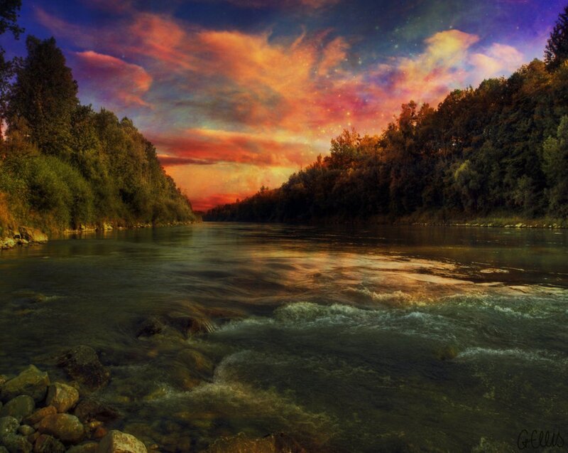 River at Sunset — Orange, Dramatic, Digital Art, Trees