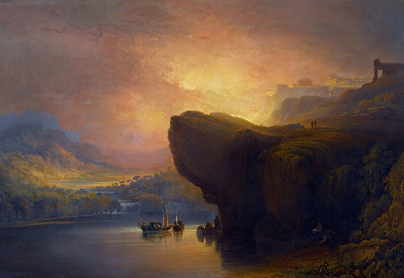 River at Sunset — Orange, Dramatic, Painting, Boats
