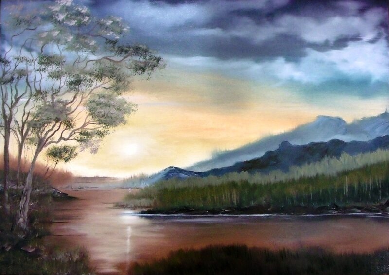 River at Sunset — Orange, Dramatic, Painting