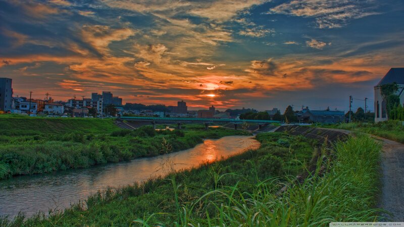 River at Sunset — Orange, Dramatic, Photograph, Bridge, Cityscape