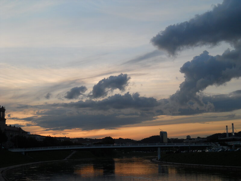 River at Sunset — Orange, Dramatic, Photograph, Bridge