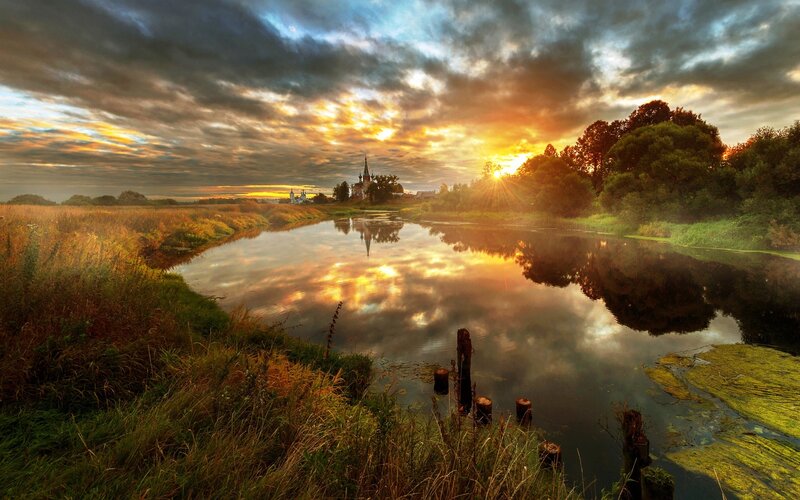 River at Sunset — Orange, Dramatic, Photograph, Church