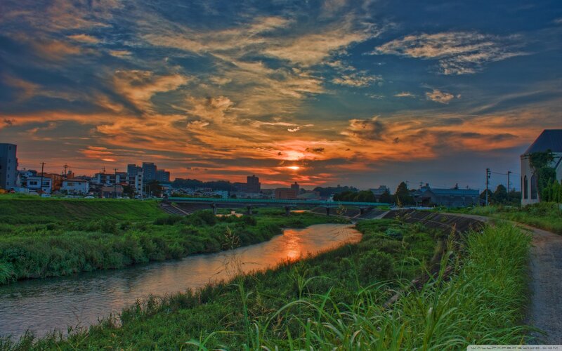 River at Sunset — Orange, Dramatic, Photograph, Cityscape