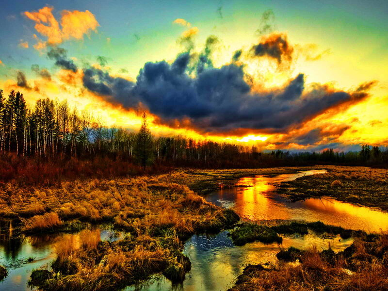River at Sunset — Orange, Dramatic, Photograph, Clouds