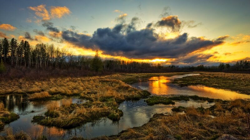 River at Sunset — Orange, Dramatic, Photograph, Clouds, Trees