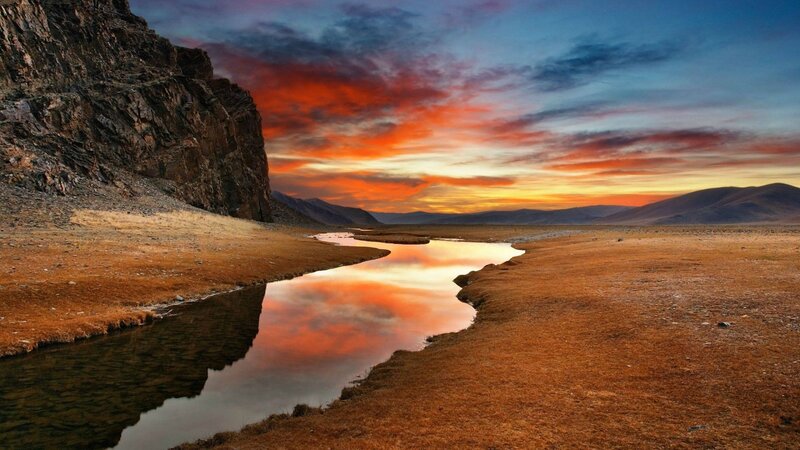 River at Sunset — Orange, Dramatic, Photograph, Mountain, Sky