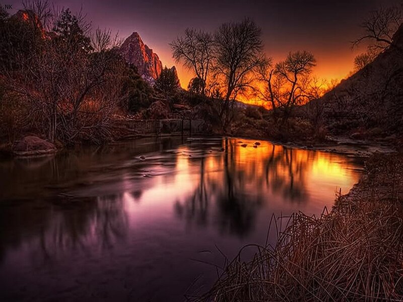 River at Sunset — Orange, Dramatic, Photograph, Mountain