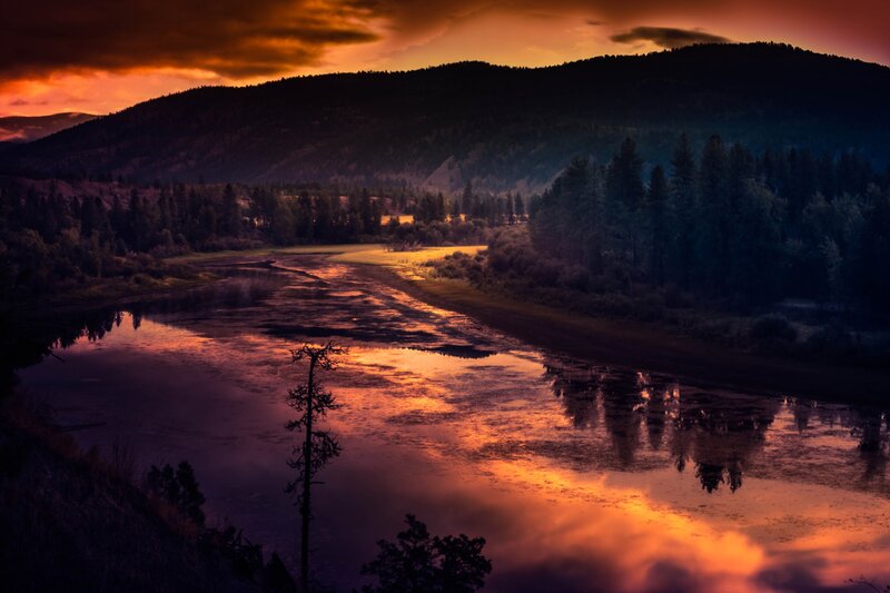 River at Sunset — Orange, Dramatic, Photograph, Mountain, Trees