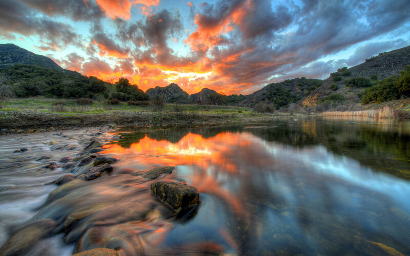 River at Sunset — Orange, Dramatic, Photograph, Mountains, Clouds, Rocks