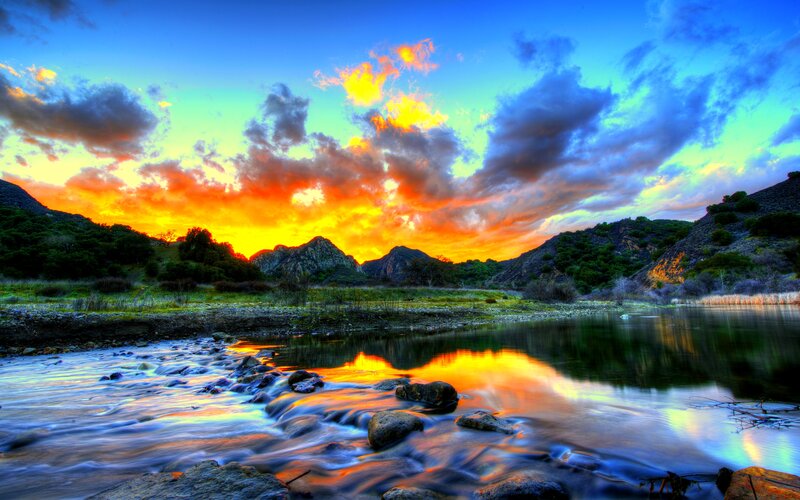 River at Sunset — Orange, Dramatic, Photograph, Mountains, Clouds