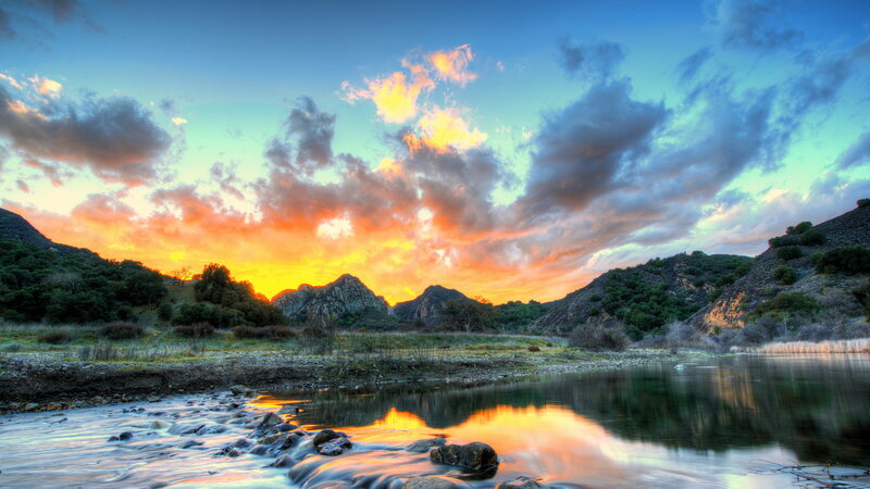 River at Sunset — Orange, Dramatic, Photograph, Mountains, Clouds, Water