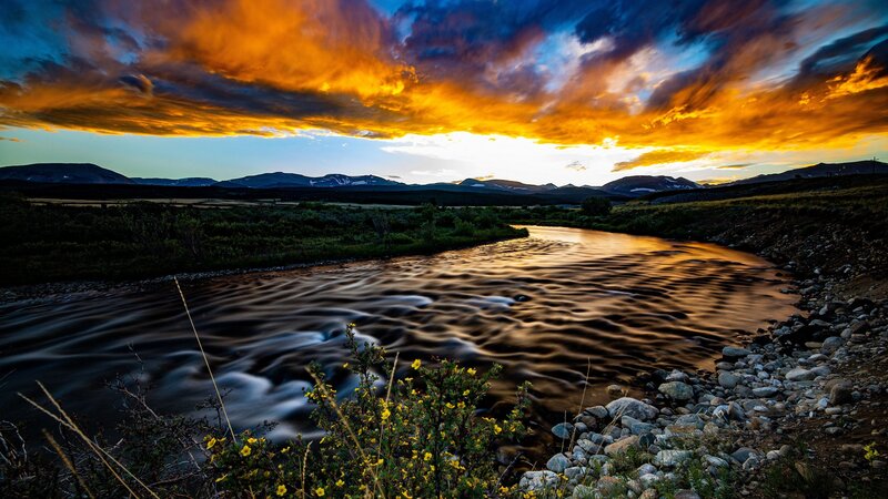 River at Sunset — Orange, Dramatic, Photograph, Mountains, Sky, Plants