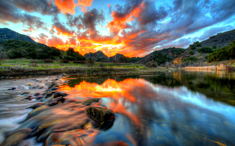 River at Sunset — Orange, Dramatic, Photograph, Mountains, Sky, Rocks
