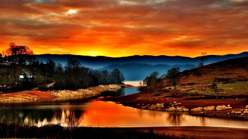 River at Sunset — Orange, Dramatic, Photograph, Mountains, Sky