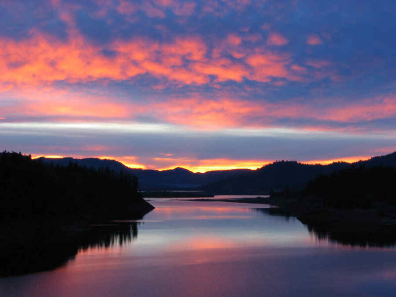 River at Sunset — Orange, Dramatic, Photograph, Mountains, Sky, Trees