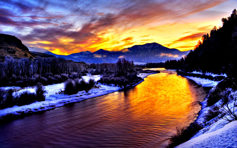 River at Sunset — Orange, Dramatic, Photograph, Mountains, Snow