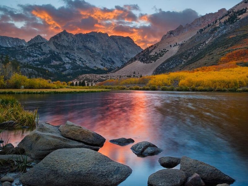 River at Sunset — Orange, Dramatic, Photograph, Mountains