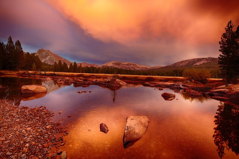 River at Sunset — Orange, Dramatic, Photograph, Mountains, Trees, Rocks