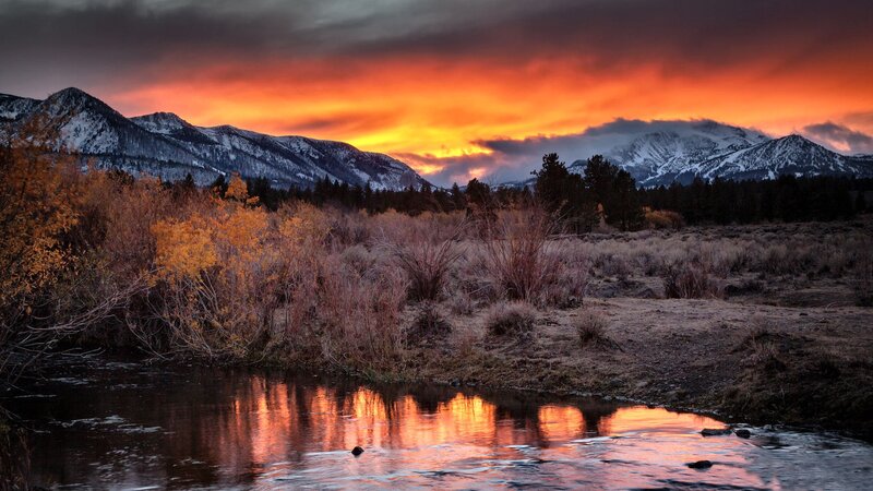 River at Sunset — Orange, Dramatic, Photograph, Mountains, Trees, Sky