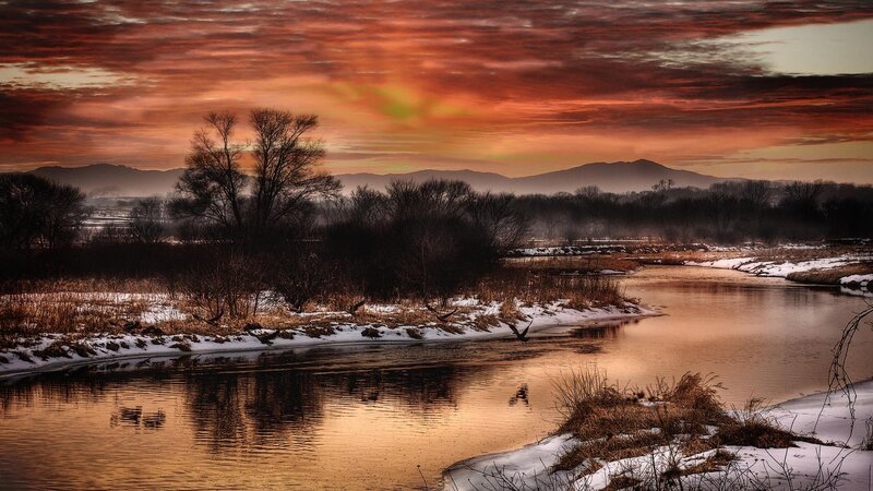 River at Sunset — Orange, Dramatic, Photograph, Mountains, Trees, Snow