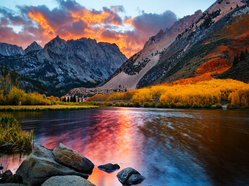 River at Sunset — Orange, Dramatic, Photograph, Mountains, Trees