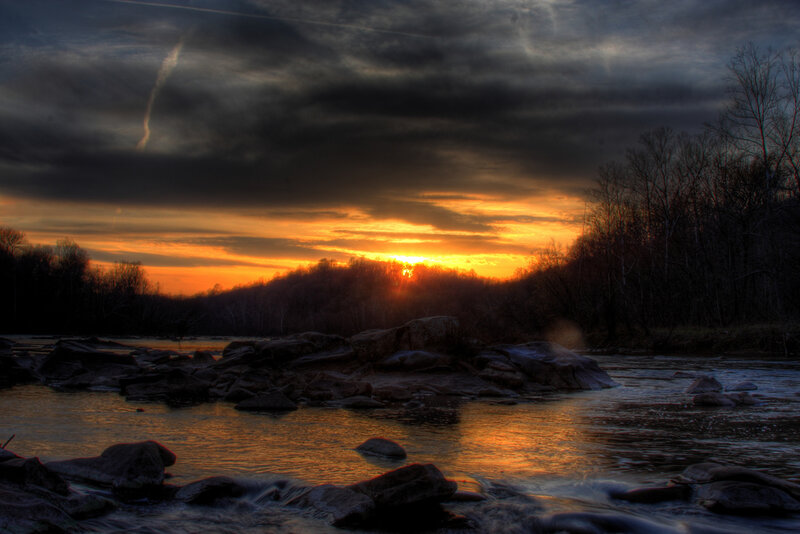 River at Sunset — Orange, Dramatic, Photograph, Rocks