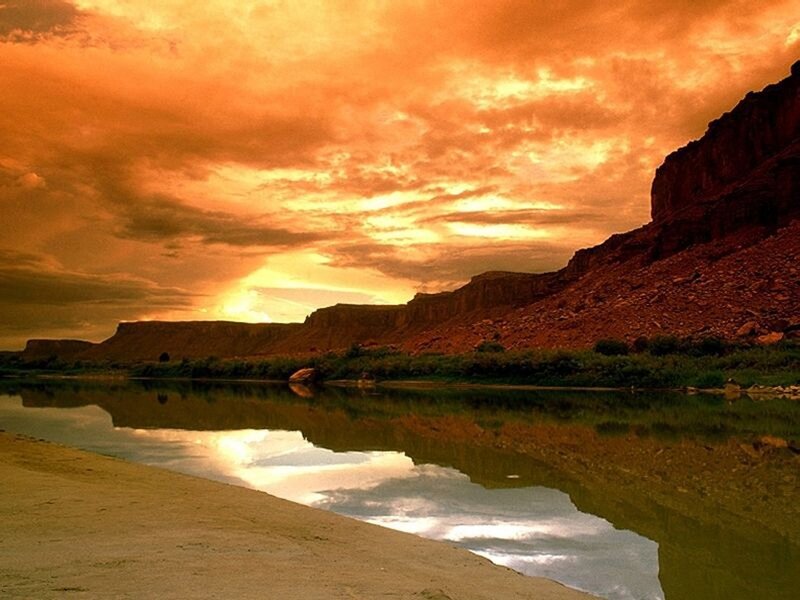 River at Sunset — Orange, Dramatic, Photograph, Sky, Cliffs