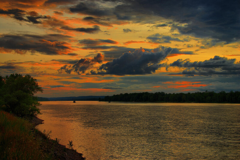 River at Sunset — Orange, Dramatic, Photograph, Sky, Clouds