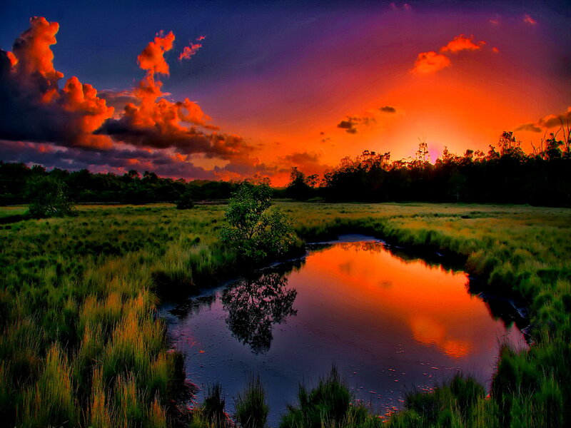 River at Sunset — Orange, Dramatic, Photograph, Sky, Clouds, Trees