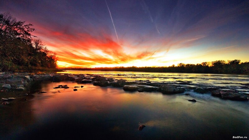 River at Sunset — Orange, Dramatic, Photograph, Sky, Rocks