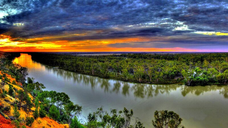 River at Sunset — Orange, Dramatic, Photograph, Sky, Trees, Boat