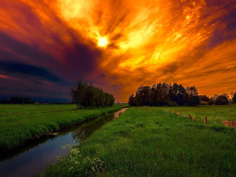 River at Sunset — Orange, Dramatic, Photograph, Sky, Trees, Field