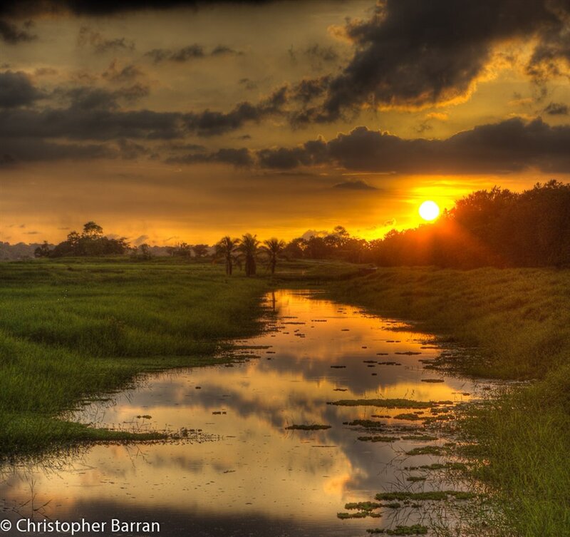 River at Sunset — Orange, Dramatic, Photograph, Sky, Trees, Grass