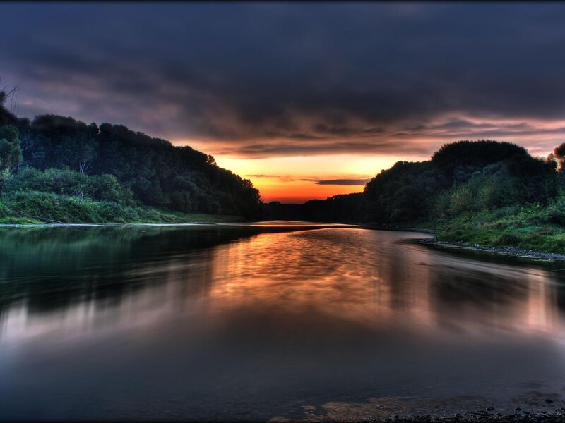 River at Sunset — Orange, Dramatic, Photograph, Sky, Trees, Reflection, Blue, Green