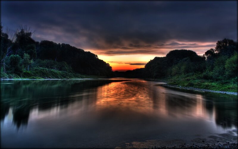 River at Sunset — Orange, Dramatic, Photograph, Sky, Trees, Reflection