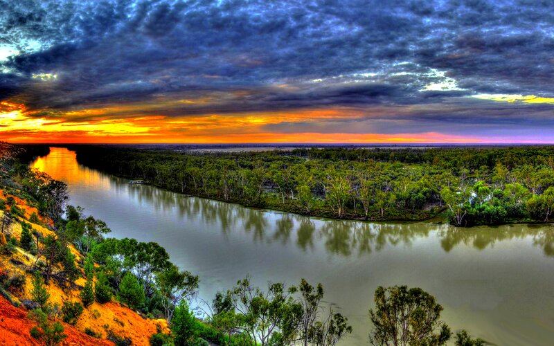 River at Sunset — Orange, Dramatic, Photograph, Sky, Trees, Sand