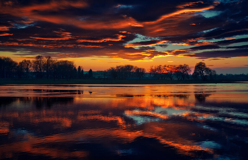 River at Sunset — Orange, Dramatic, Photograph, Sky, Trees