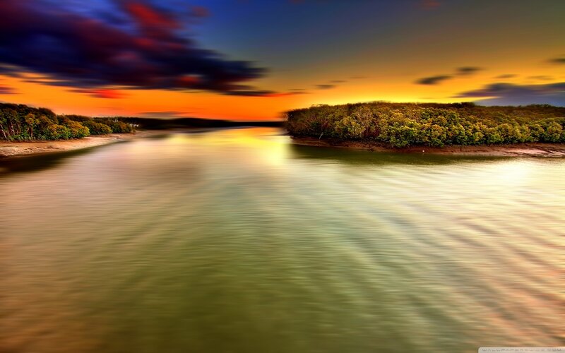 River at Sunset — Orange, Dramatic, Photograph, Sky, Trees, Water