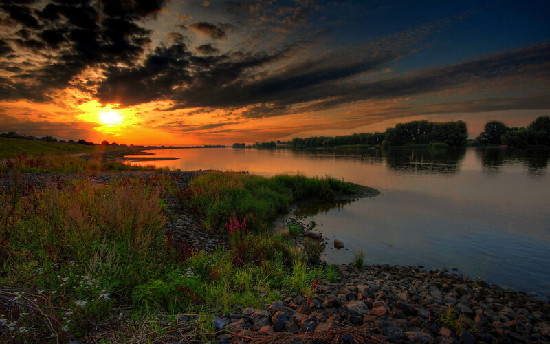 River at Sunset — Orange, Dramatic, Photograph, Sky, Water