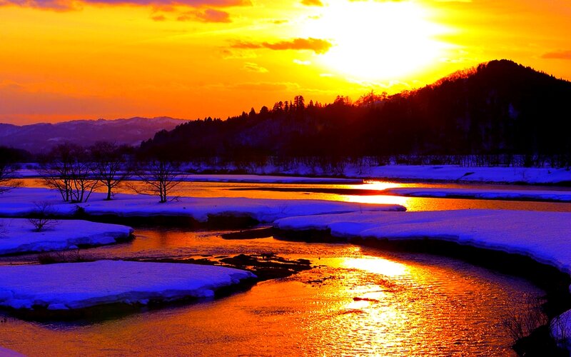 River at Sunset — Orange, Dramatic, Photograph, Snow