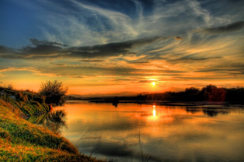 River at Sunset — Orange, Dramatic, Photograph, Sun, Clouds