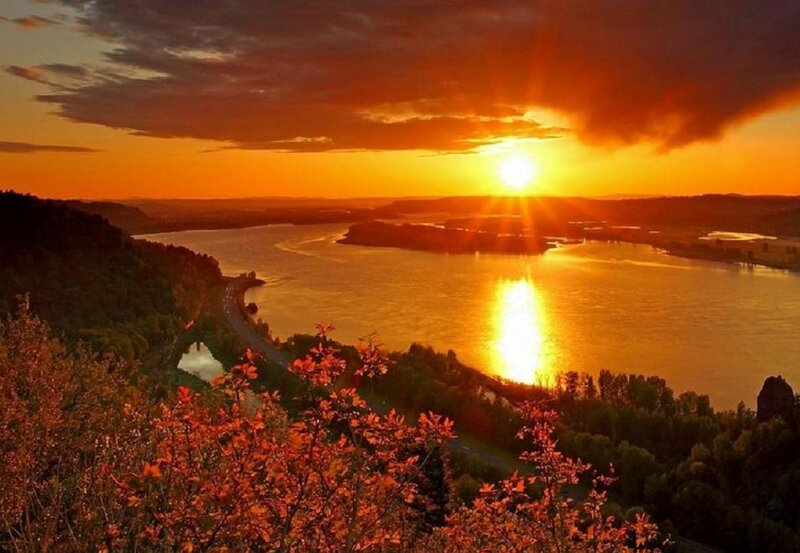 River at Sunset — Orange, Dramatic, Photograph, Sun, Trees