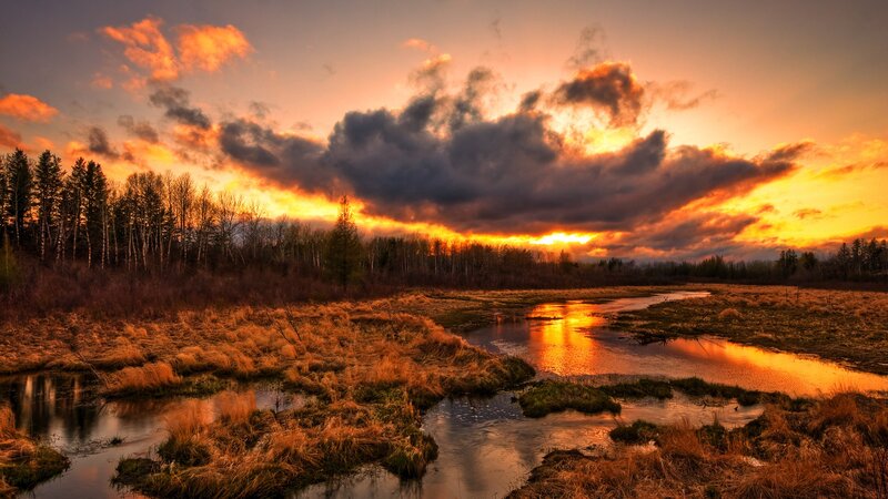 River at Sunset — Orange, Dramatic, Photograph, Trees, Clouds, Grass