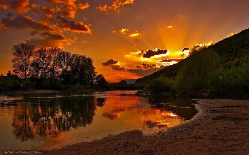 River at Sunset — Orange, Dramatic, Photograph, Trees, Clouds, Sand